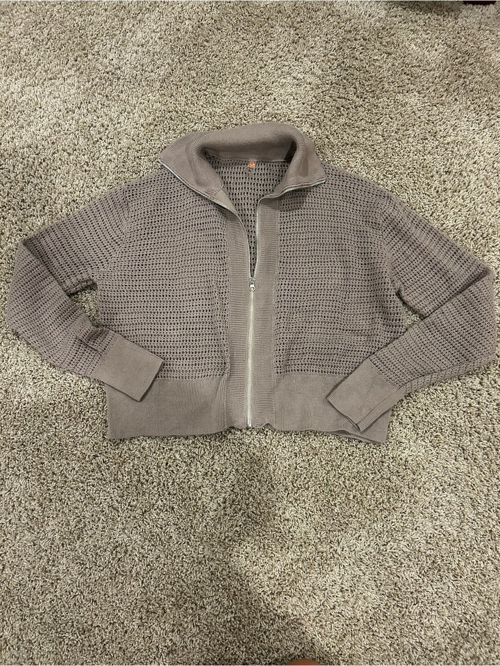 Mono B Waffle-Knit Zip Front Sweater Jacket in Taupe